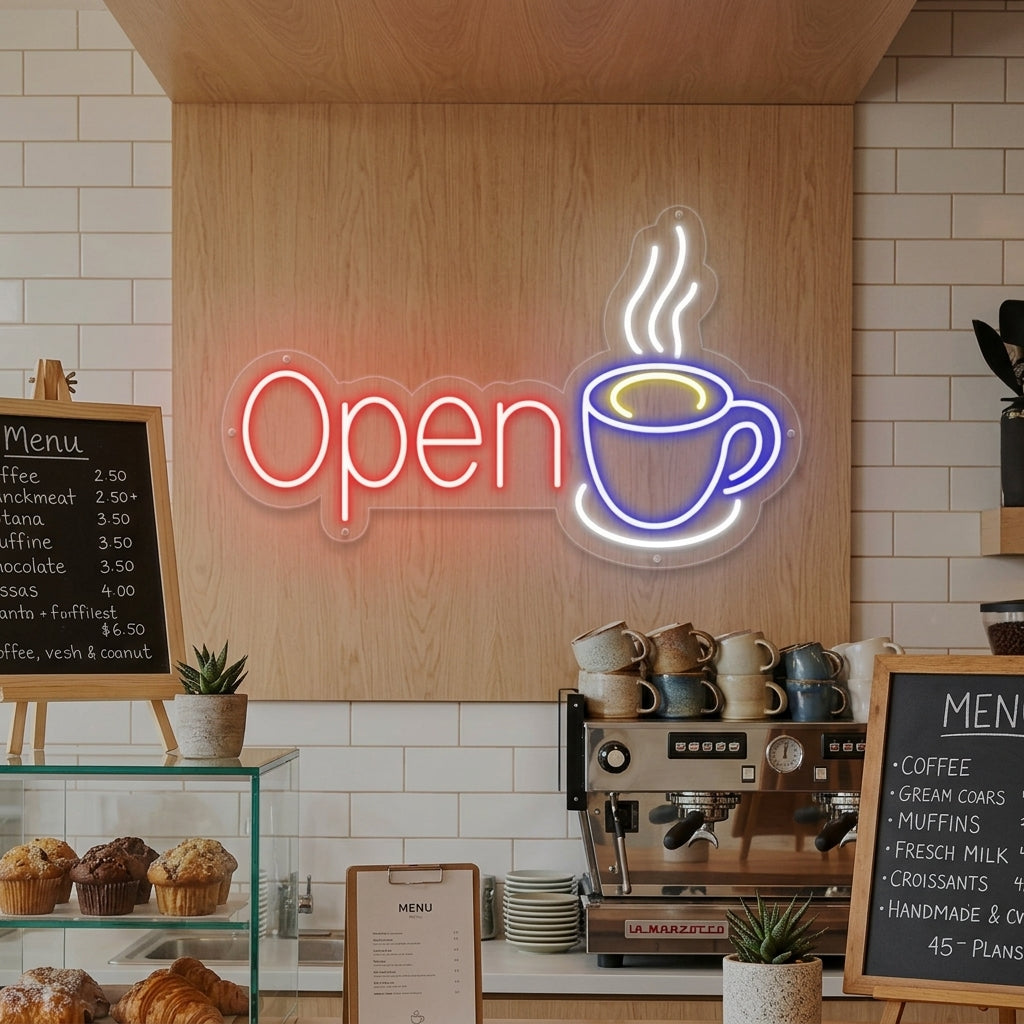 A glowing 'Open Coffee' neon sign illuminated on a cafe wall, showcasing the coffee cup icon and 'OPEN' text in a real-world setting.