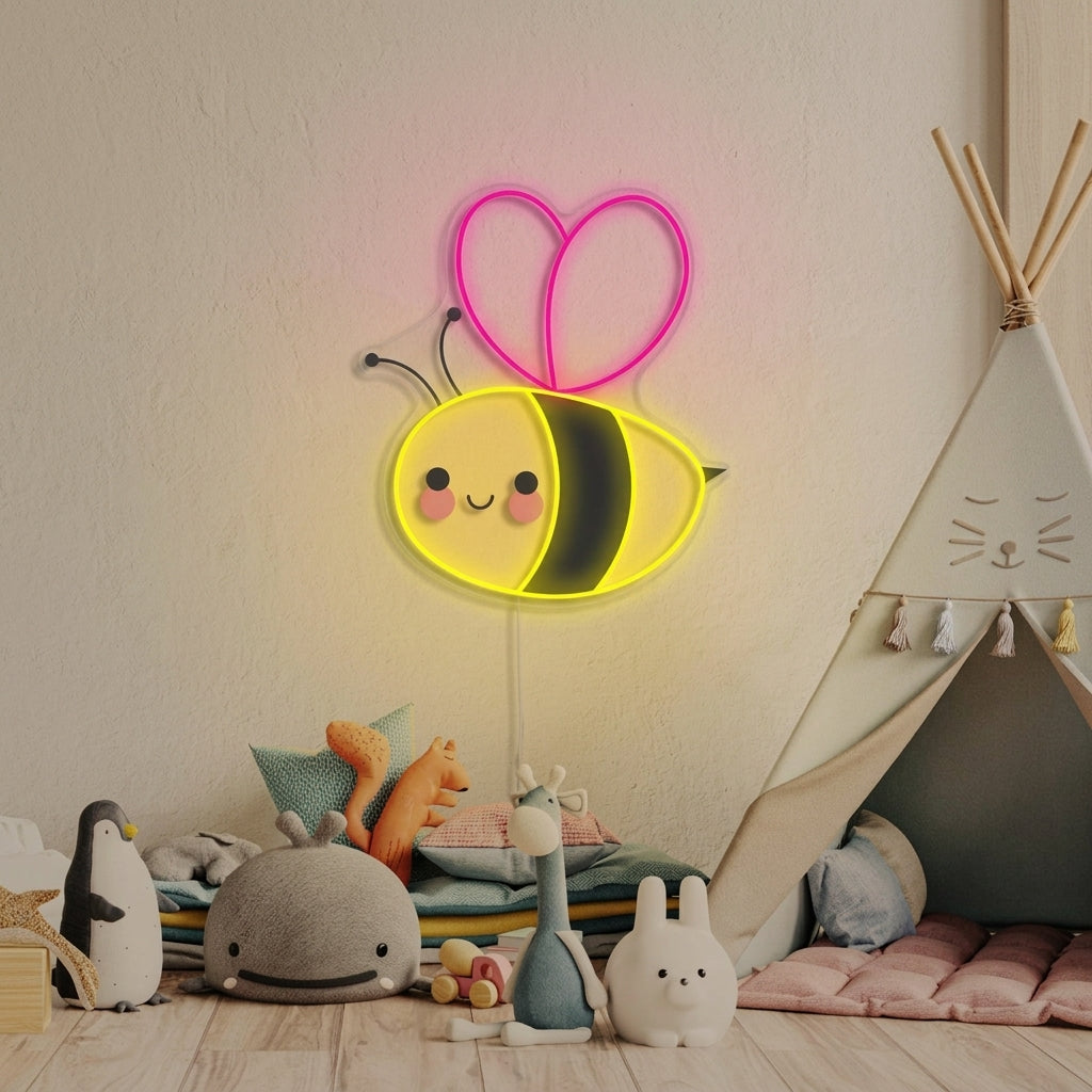 A cute glowing bee neon sign on a wall in a brightly decorated kids' room, above a white crib and bookshelf.