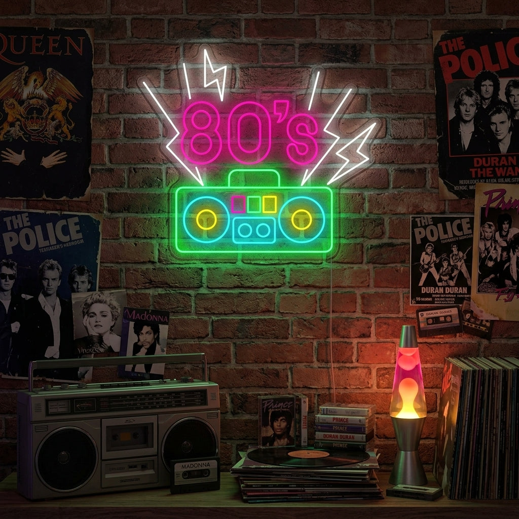 A vibrant 80's style neon sign glowing with pink and blue palm trees over a setting sun, mounted on a rustic wood plank wall in a cozy room.