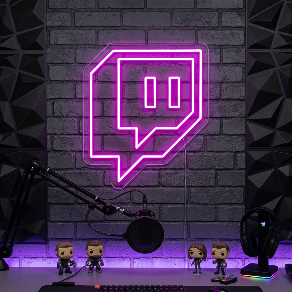 A glowing Twitch glitch logo neon sign mounted on a textured blue wall in a modern room setup.