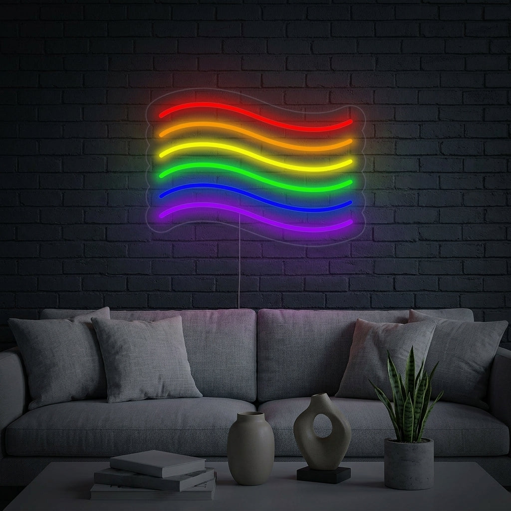 Pride Rainbow Flag neon sign glowing in a stylish, cozy living room above a couch, creating an inclusive atmosphere.