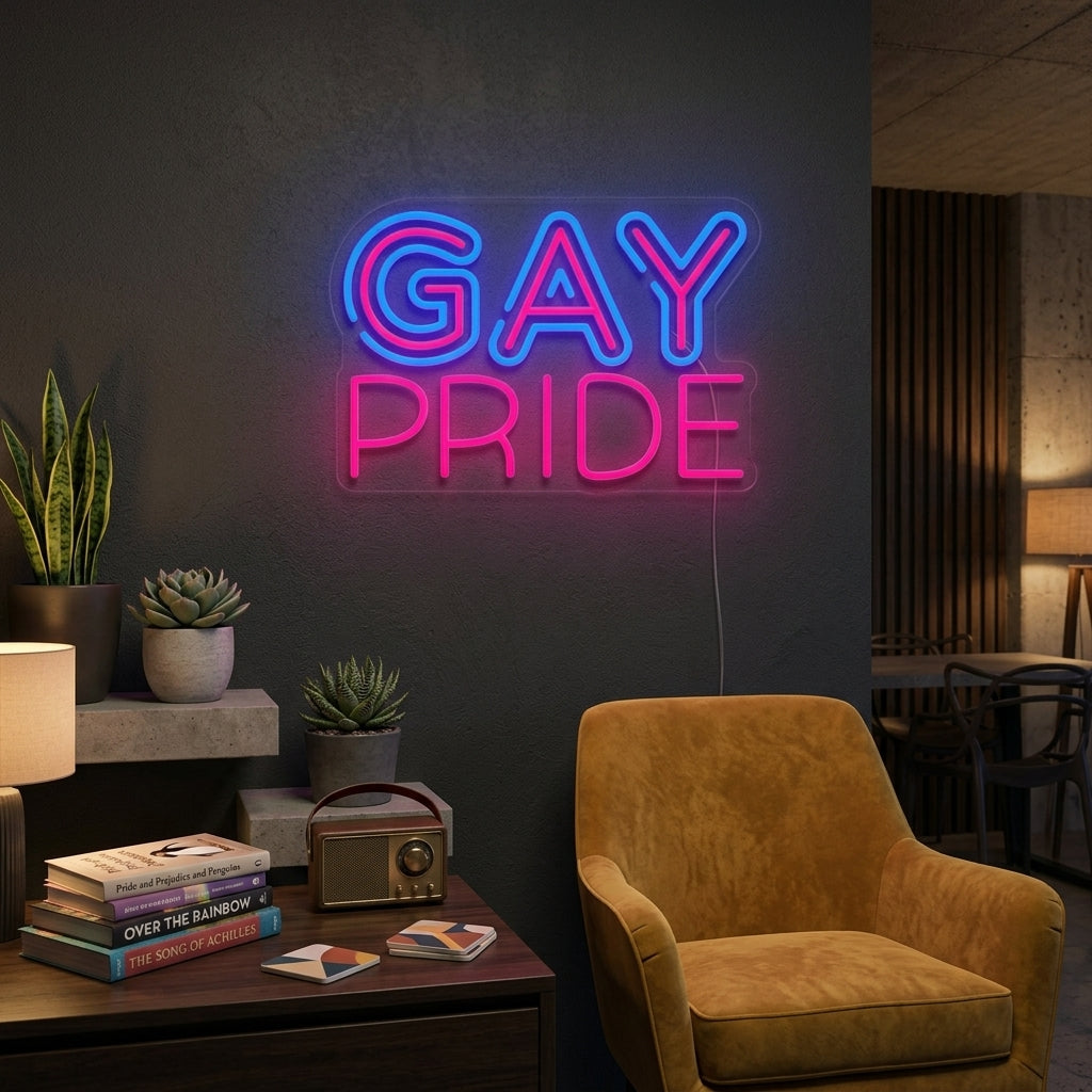 A vibrant 'LGBT Gay Pride' neon sign featuring the word 'PRIDE' in rainbow colors, mounted on a brick wall above a styled couch with pride-themed decor in a living room.
