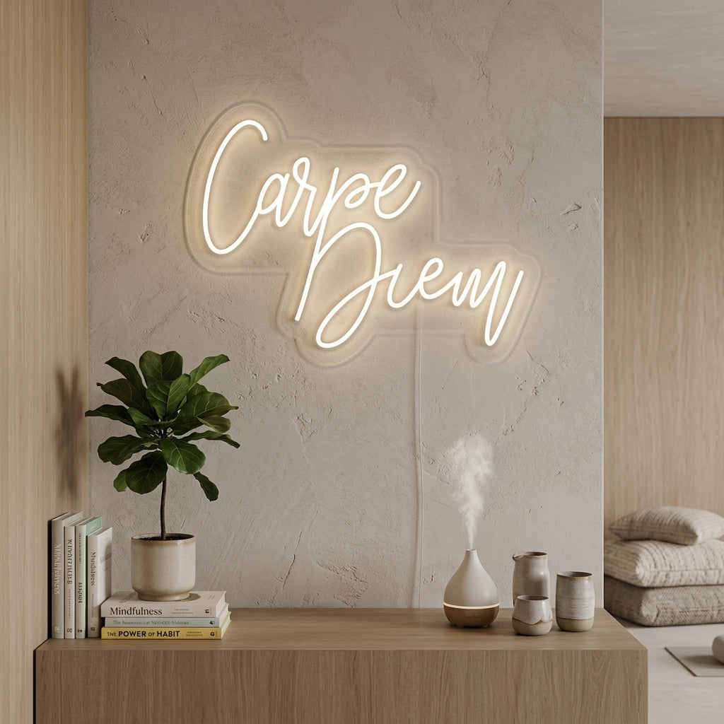 Handwritten cursive neon sign displaying the Latin phrase 'Carpe Diem' illuminated above a comfy sofa in a modern apartment living room, translating to 'Seize the Day'.
