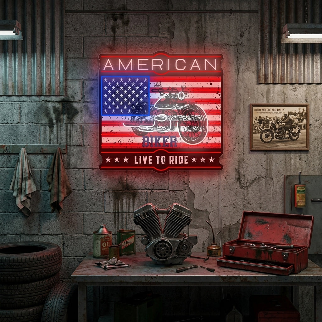 A illuminated American Biker Live To Ride neon sign hanging on a dark wall, showing bright white and amber light.