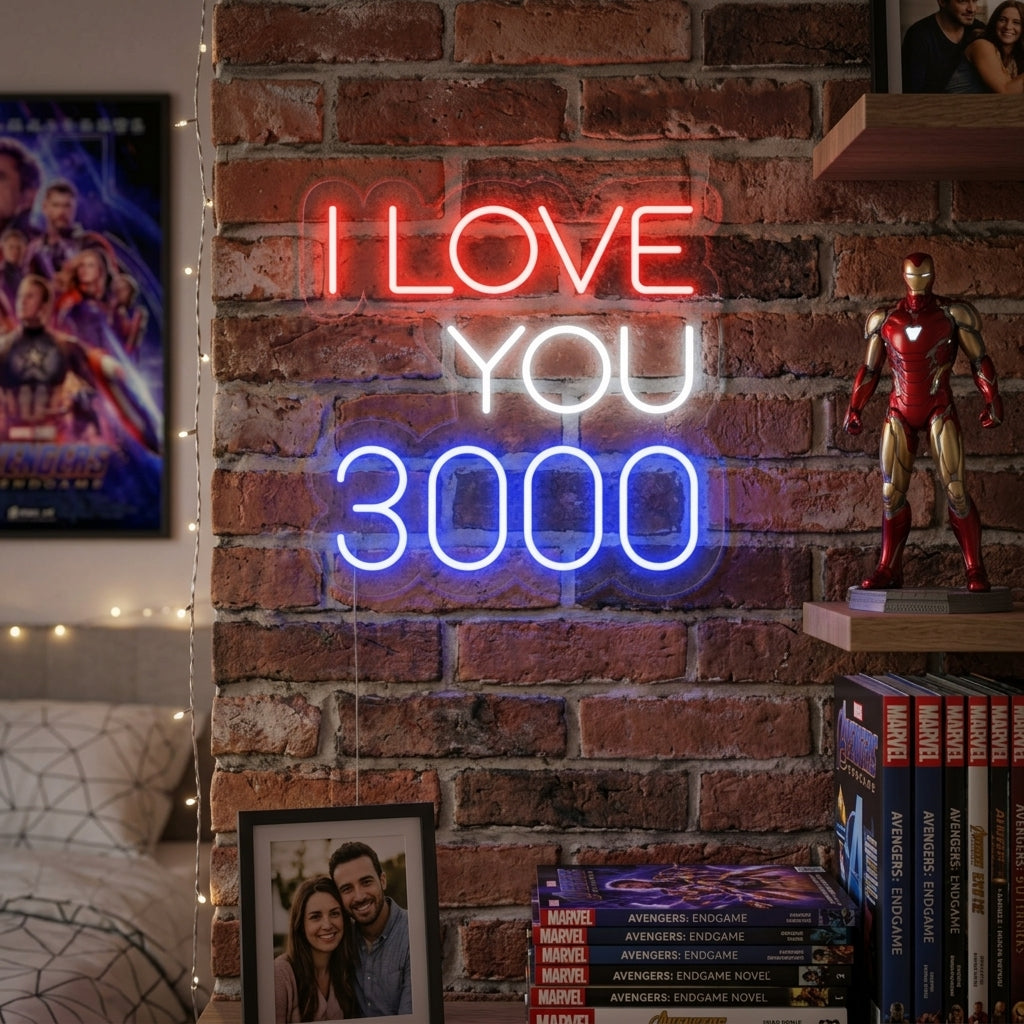 A vibrant 'I Love You 3000' neon sign glowing on a textured wall in a cozy bedroom setting, above a made bed.