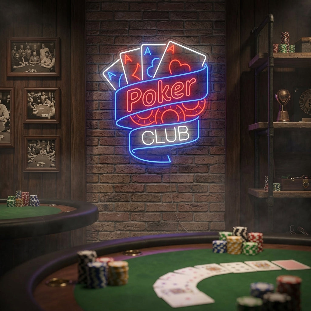 Poker Club neon sign glowing in a modern lounge environment.