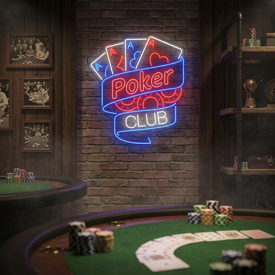 Poker Club neon sign glowing in a modern lounge environment.