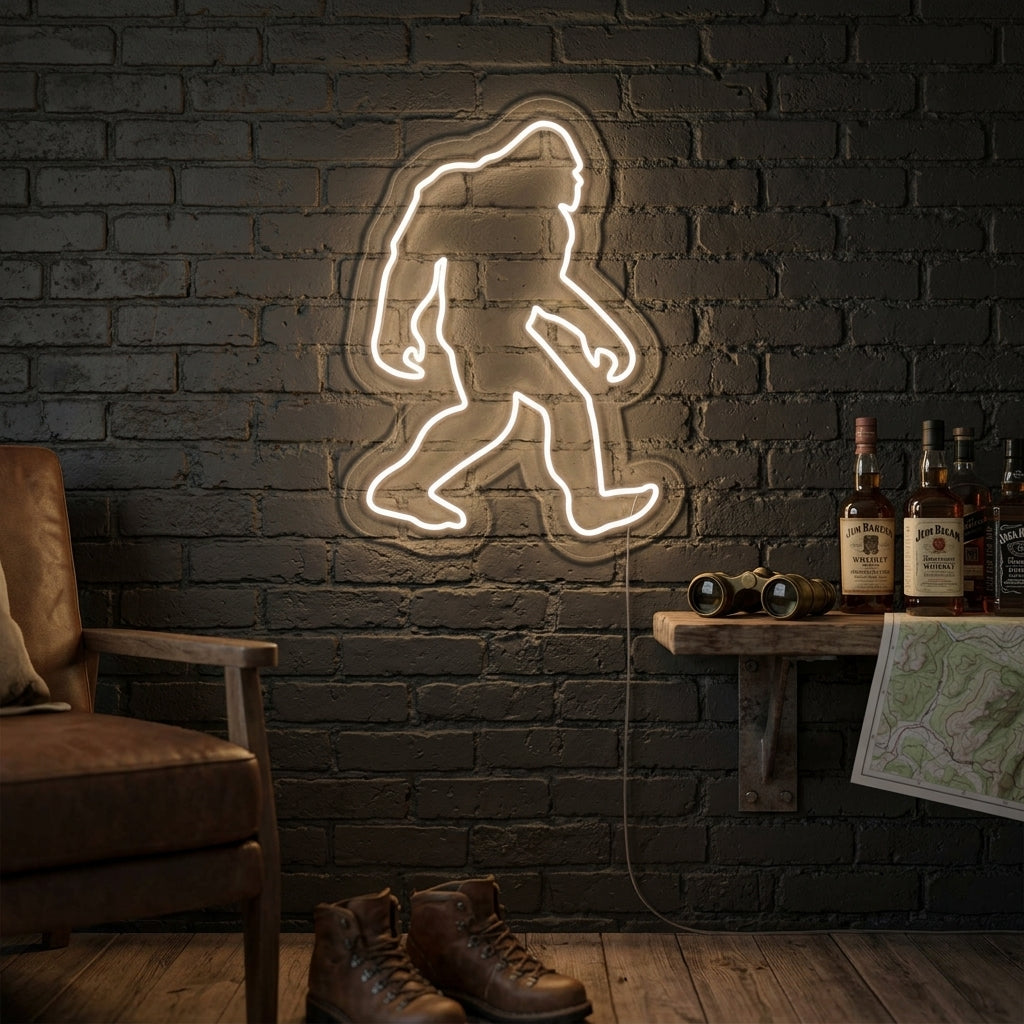 A handcrafted neon sign depicting a Sasquatch walking, casting an ambient glow in a rustic-themed room.