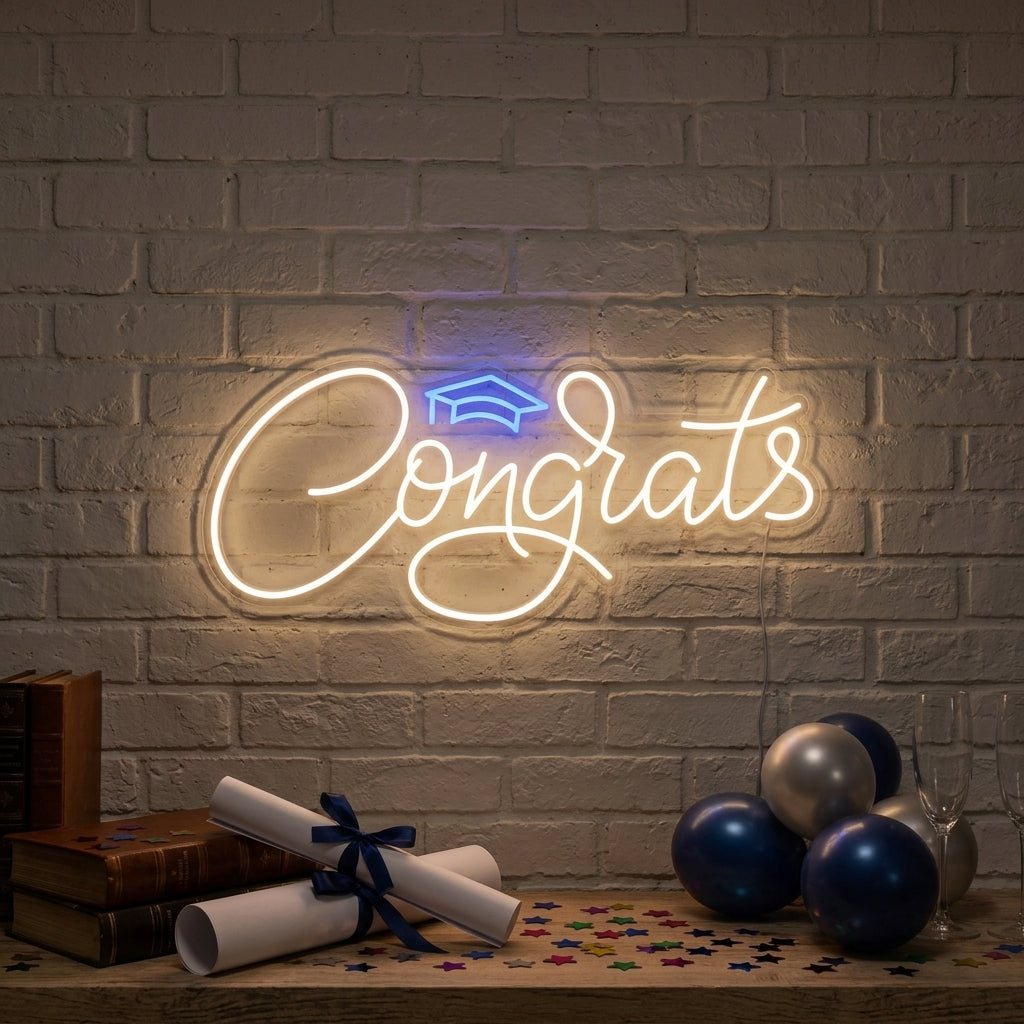 A lifestyle photo of the luminous "Congrats" neon sign, glowing warmly in an indoor celebratory setting.