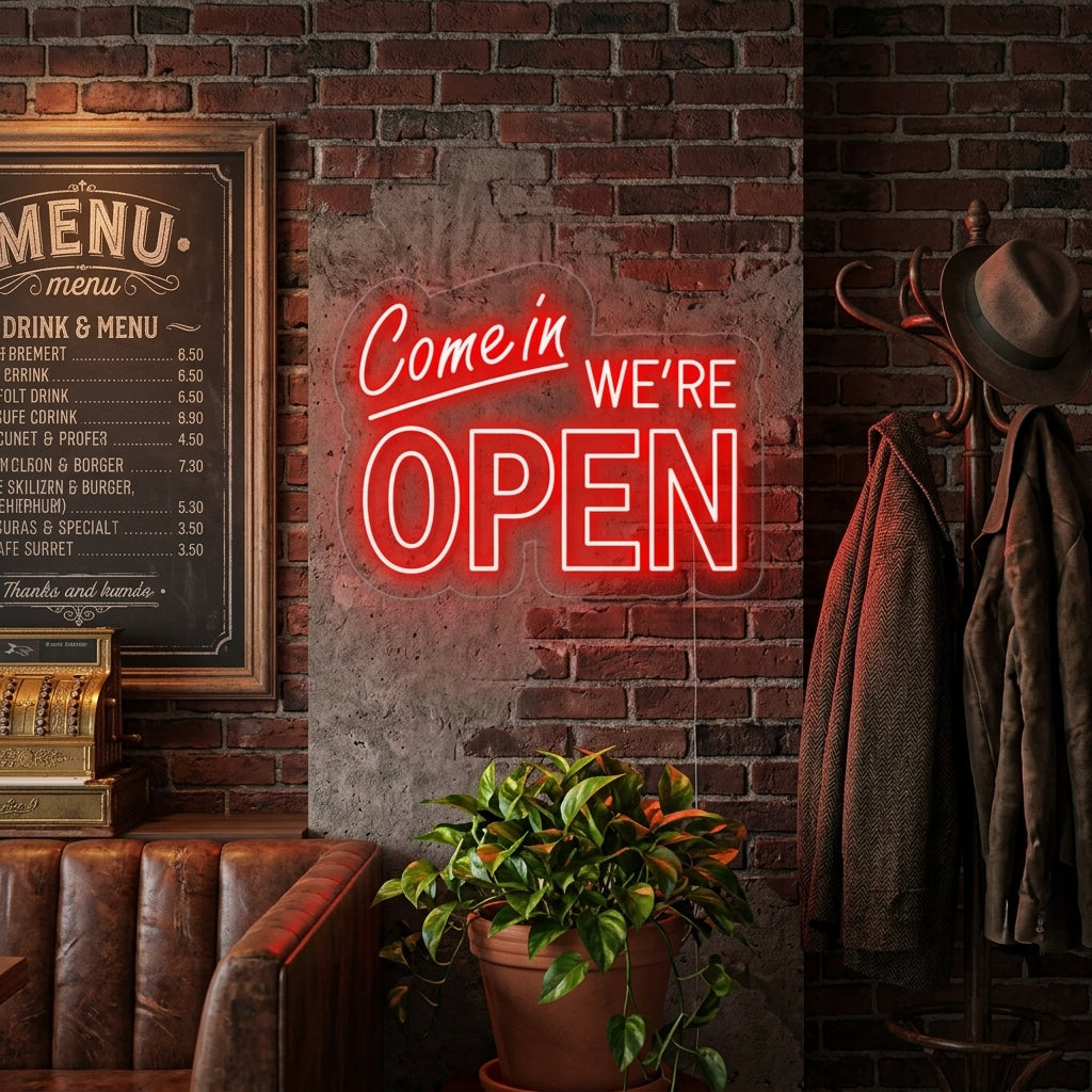 A vibrant 'Come in We are Open' neon sign glowing on a textured brick wall in a lifestyle setting.