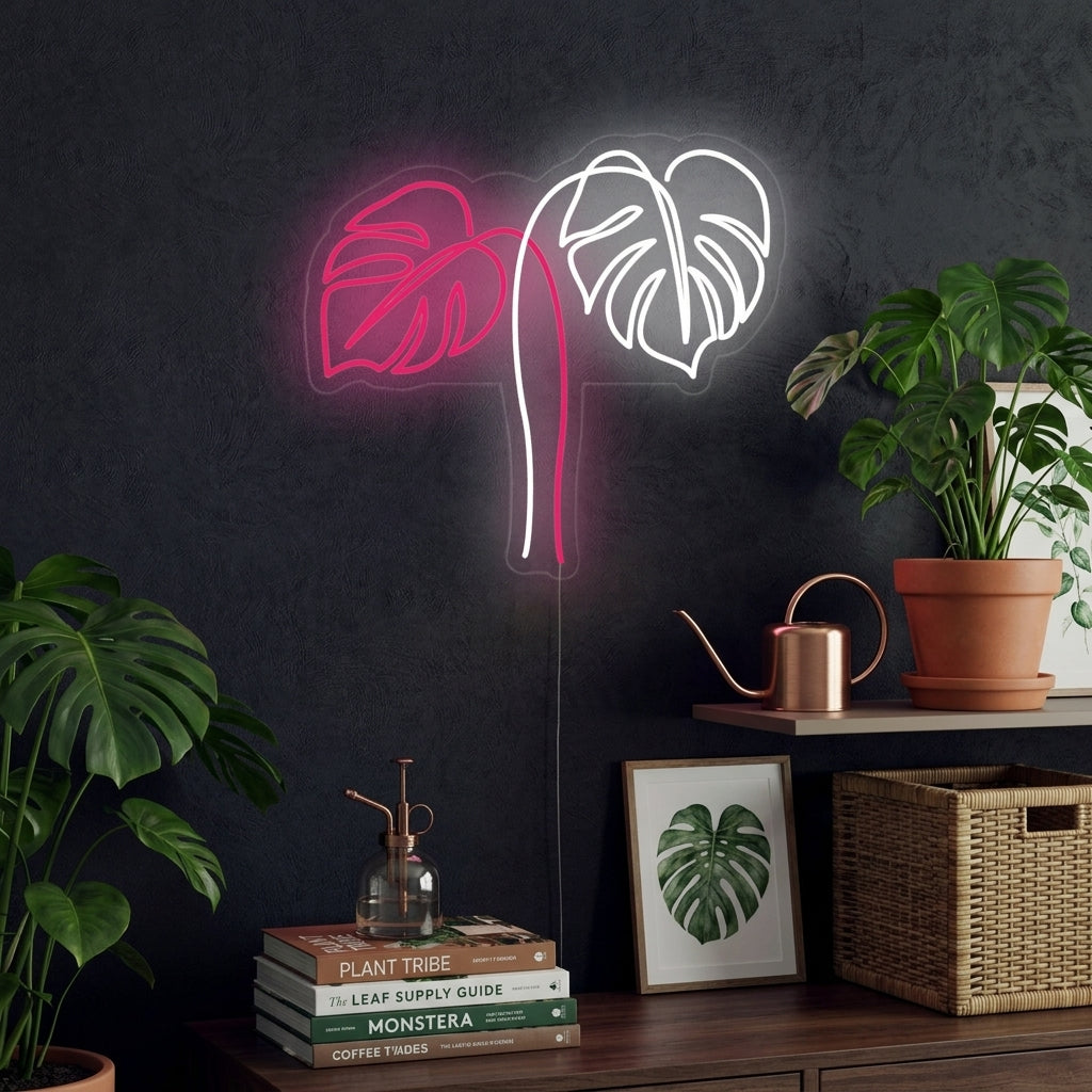 A glowing Monstera Leaves neon sign mounted on a textured wall in a modern living room setting.