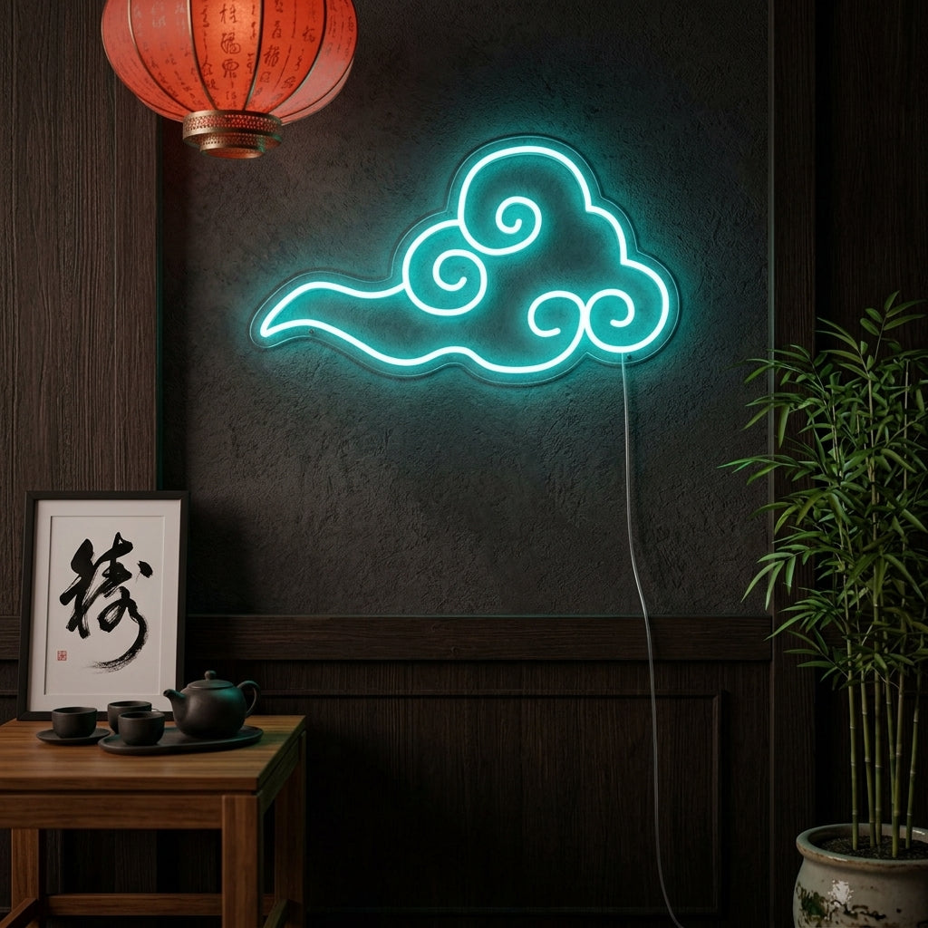 A vibrant 'Lucky Cloud' neon sign with a friendly, smiling face glowing on a bedroom wall above a cozy bed.
