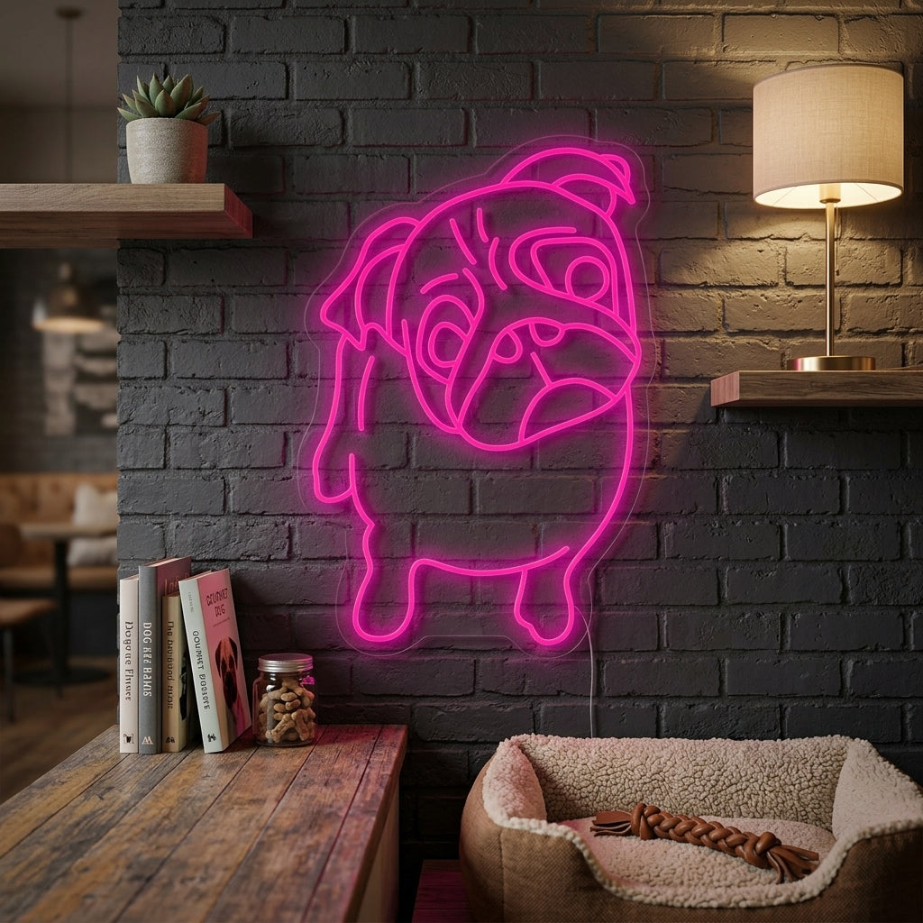 Cute puppy face neon sign, glowing white outline, mounted above a small wooden cabinet in a warmly lit, bohemian style living room with potted plants and textured wall decor.