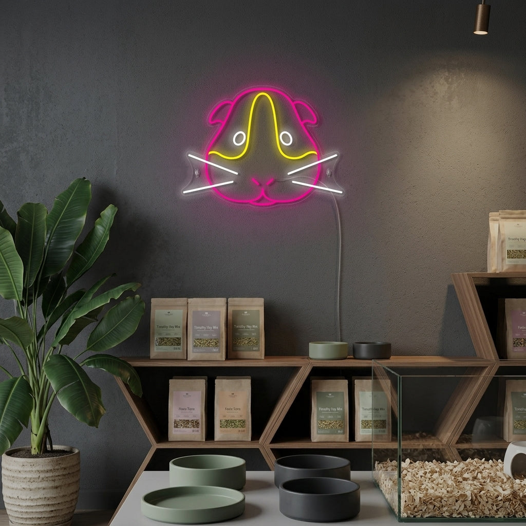 A glowing Guinea Pig neon sign mounted on a textured wall in a modern living room setting.