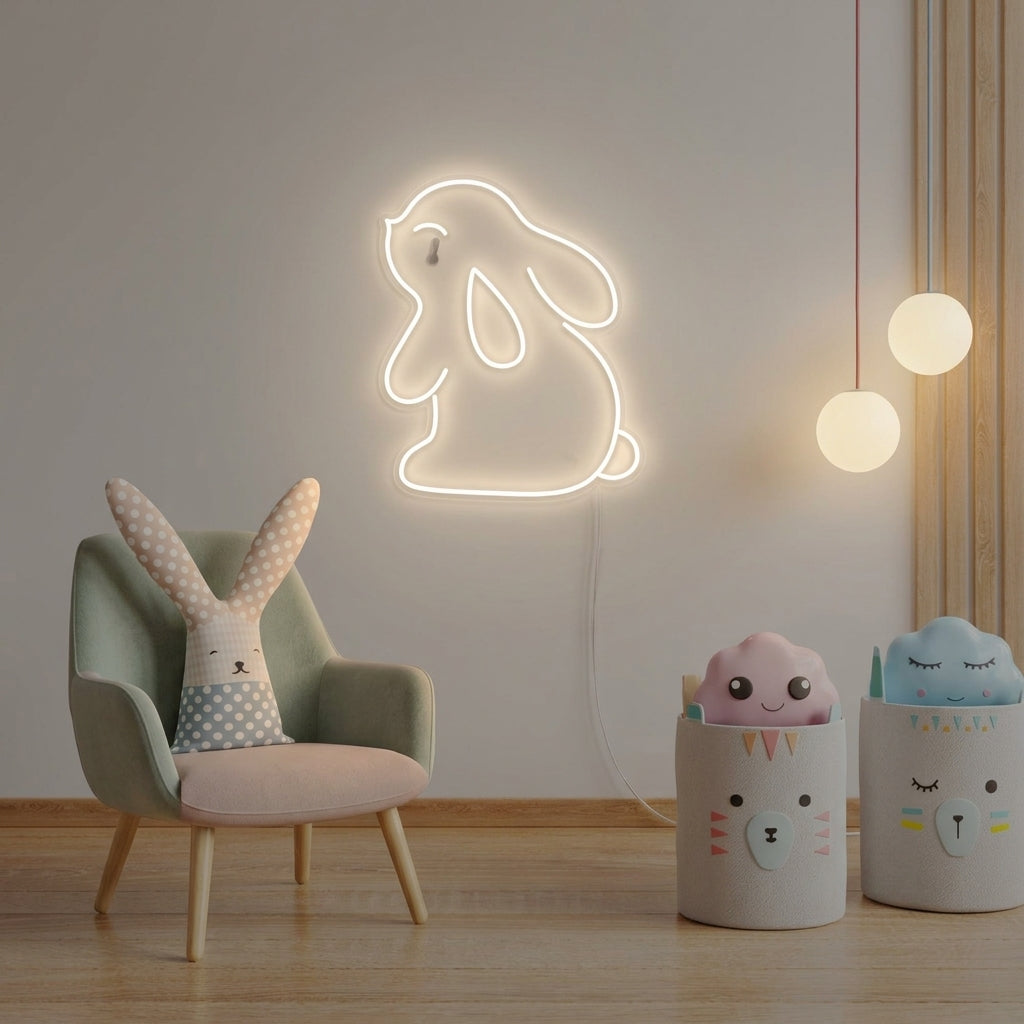 A cozy nursery featuring a glowing Rabbit Bunny neon sign mounted on the wall above a crib, casting a warm light.
