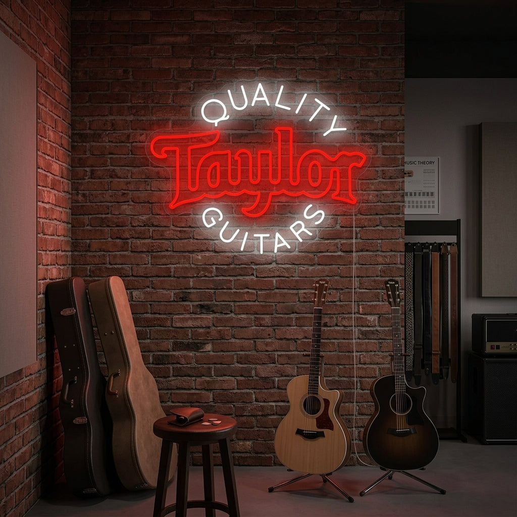 Handcrafted Taylor Guitars neon sign glowing warmly on a dark brick wall in a rustic, wood-paneled music studio setting.