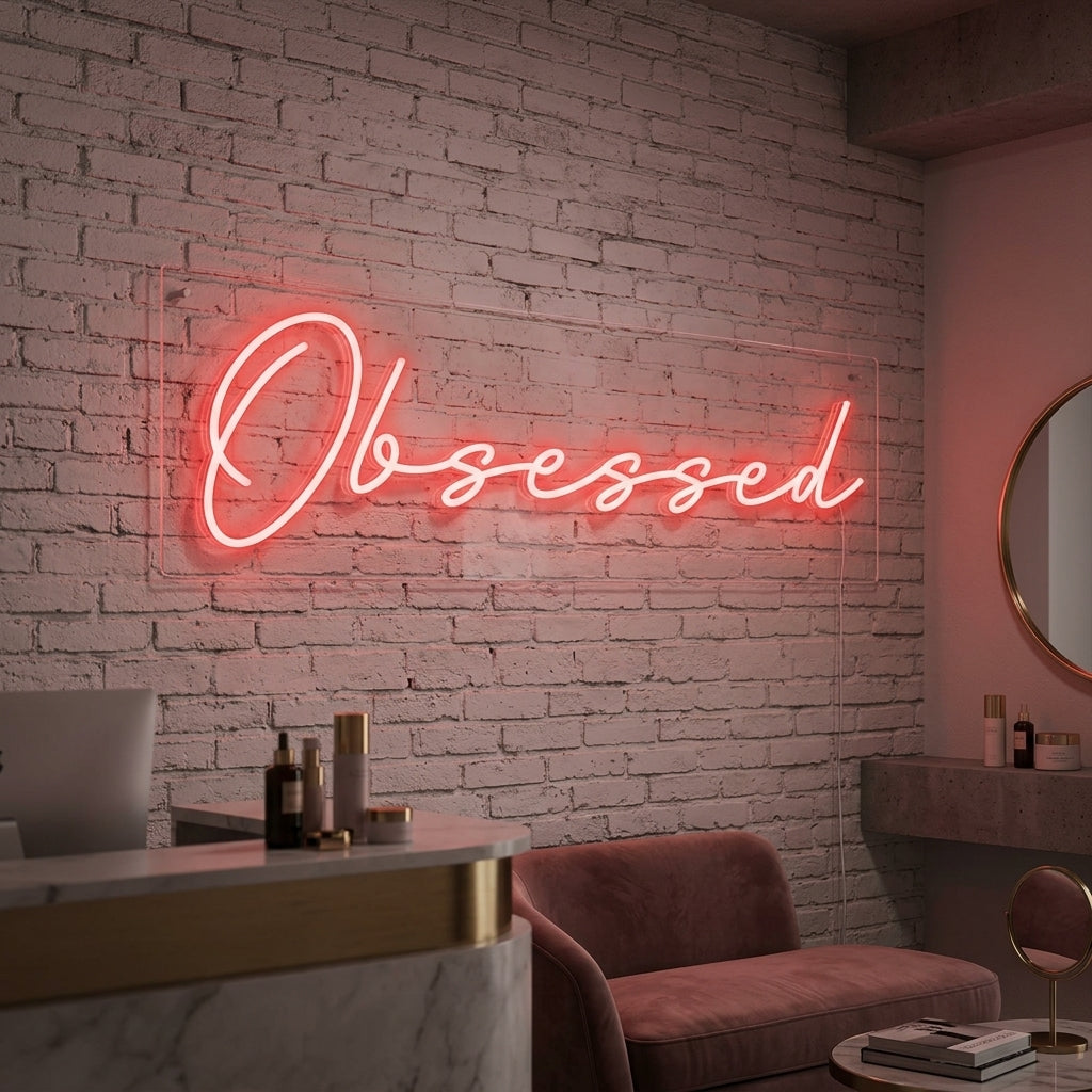 A candid photograph showing a pink glowing 'Obsessed' neon wall sign mounted on a white painted brick wall in a bedroom setting, above a made bed with white and gray bedding.