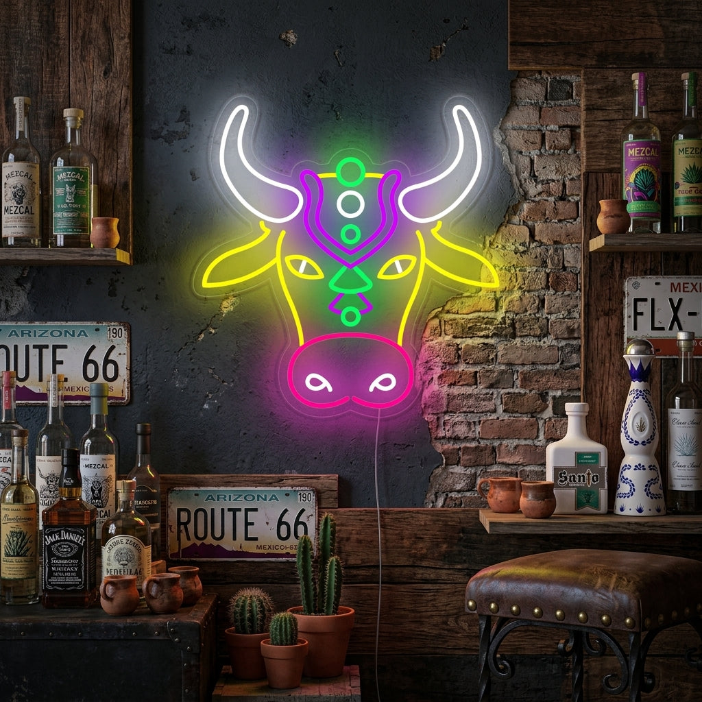 Colorful bull head geometric neon sign glowing with blue, orange, yellow, and purple light mounted on a dark textured wall in a modern living room