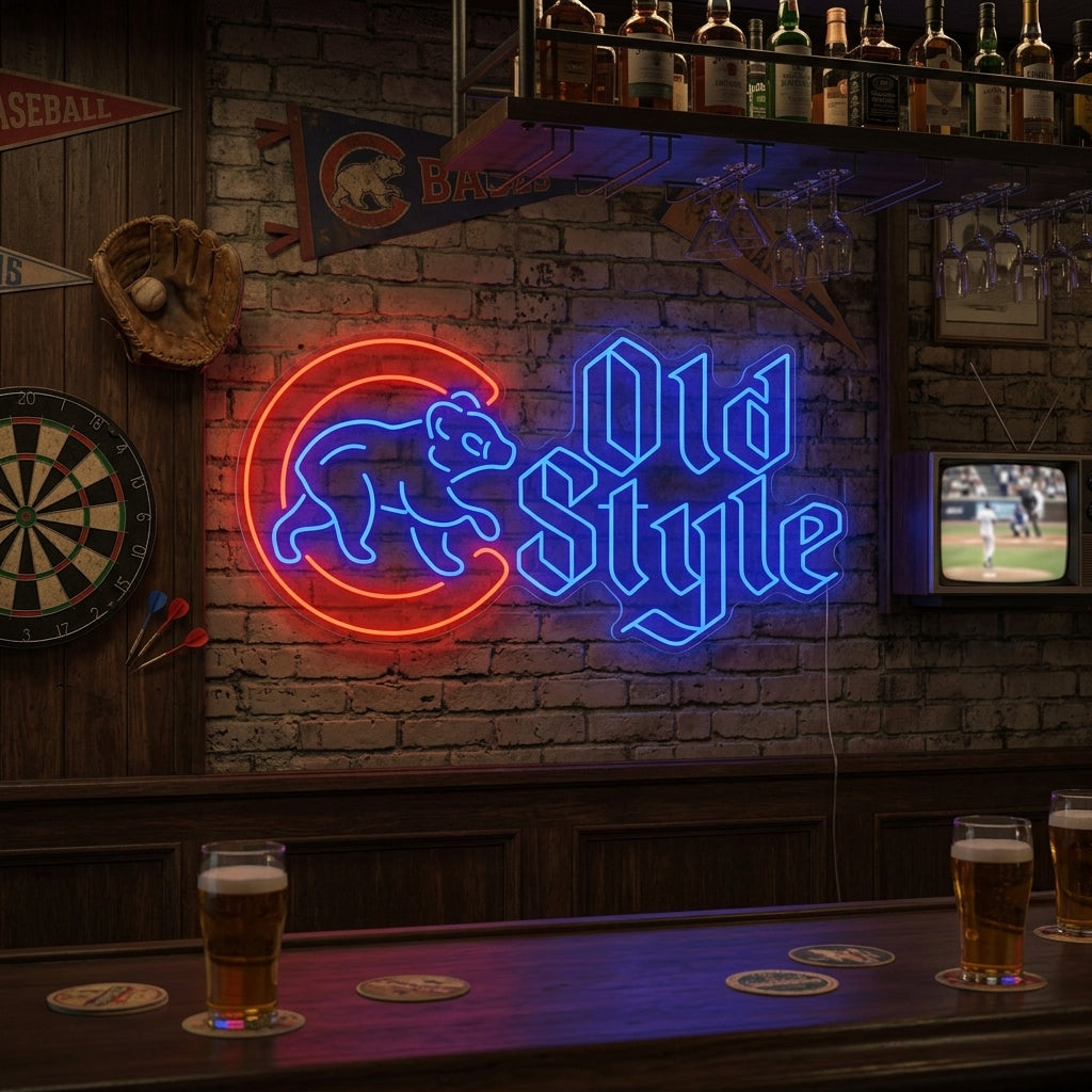 A vibrant 'Cubs Walking Bear Beer' neon sign glowing on a brick wall in a cozy home bar setting, illuminating shelves with bottles and memorabilia.