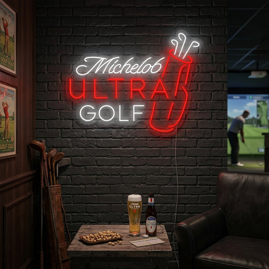 Michelob Golf neon sign illuminated in a lifestyle setting.