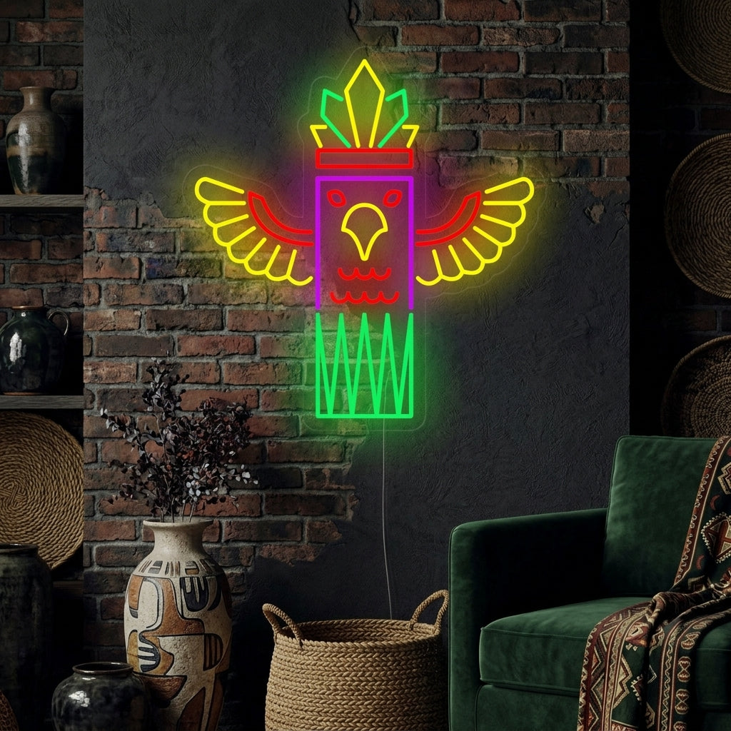 A 'Totem Pole with Bird' neon sign illuminated in a modern living room setting.