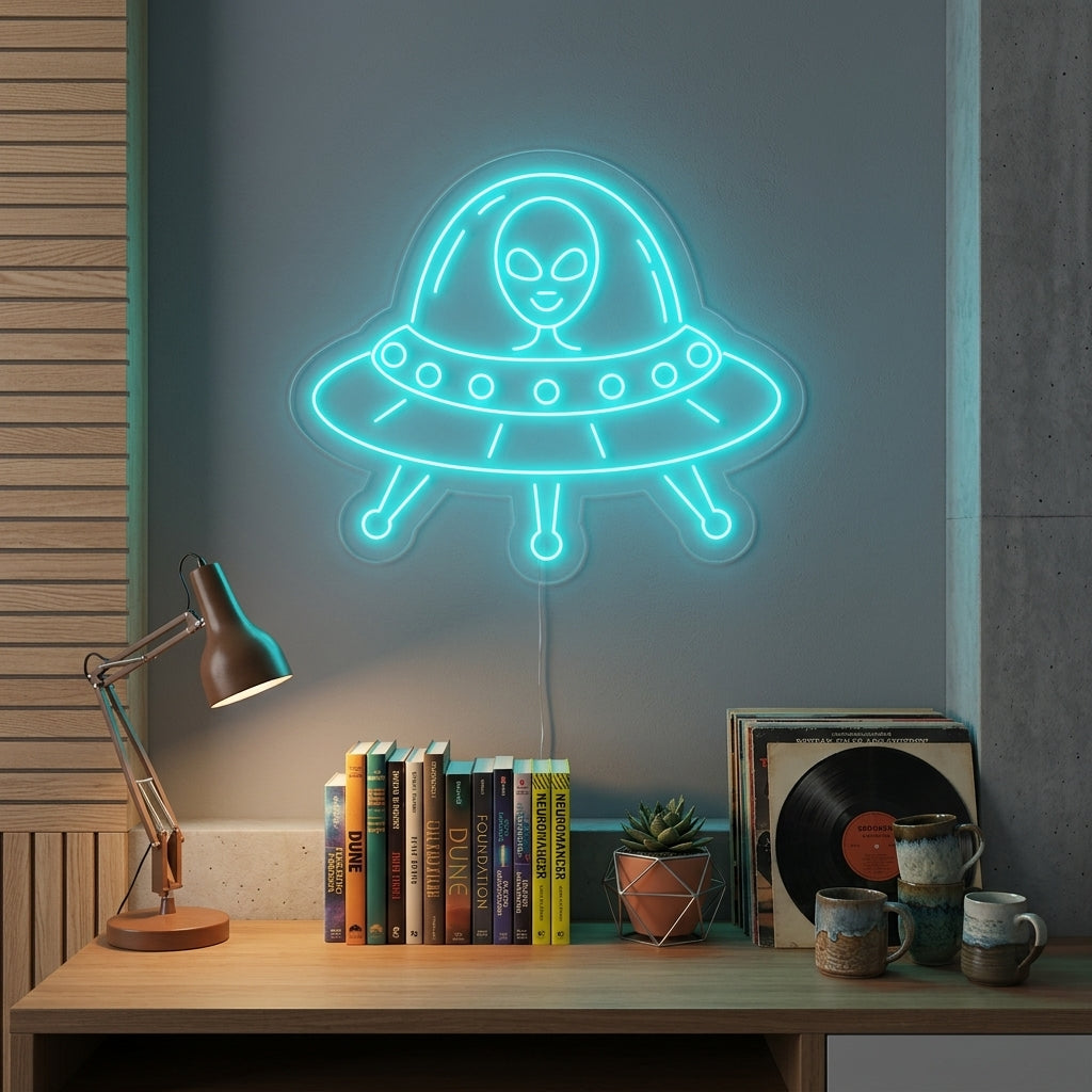 A vibrant 'Alien UFO' neon sign illuminated on a textured blue wall, casting a colorful glow in a modern room setting.