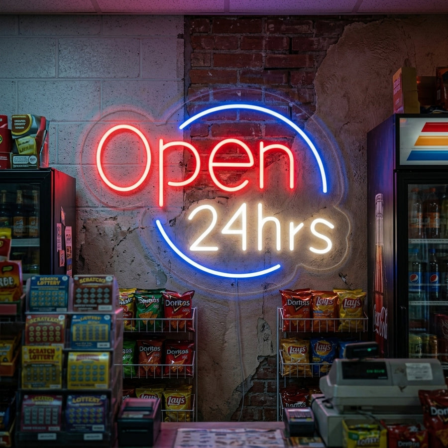 Vibrant 'Open 24hrs' neon sign glowing brightly in a cozy, stylish home bar or lounge setting.