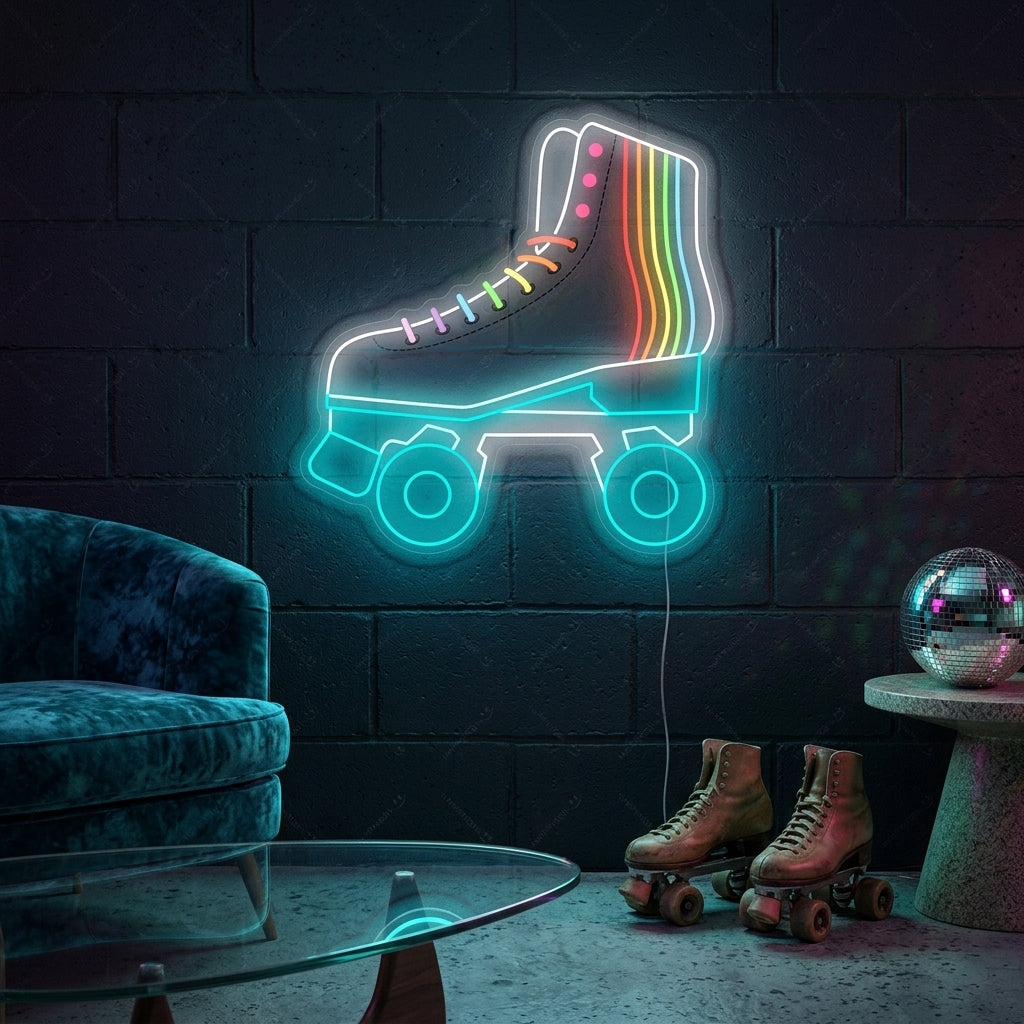 A vibrant 'Roller Skate' neon sign glowing with colorful light, mounted on an exposed brick wall above a vintage-style wooden credenza.