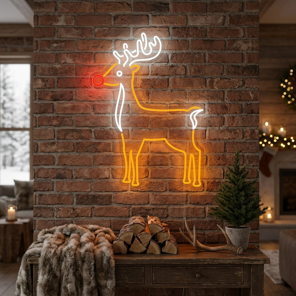 A cozy living room at Christmas featuring the illuminated Cute Reindeer neon sign above a fireplace mantel decorated with garlands and festive ornaments, creating a warm, festive glow.