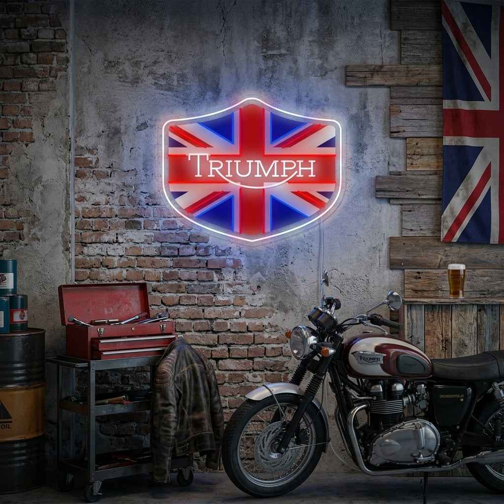 A 'Triumph Motor Logo' neon sign glowing brightly above a desk with a laptop and potted plant, showcasing its use as home garage or workshop wall decor.