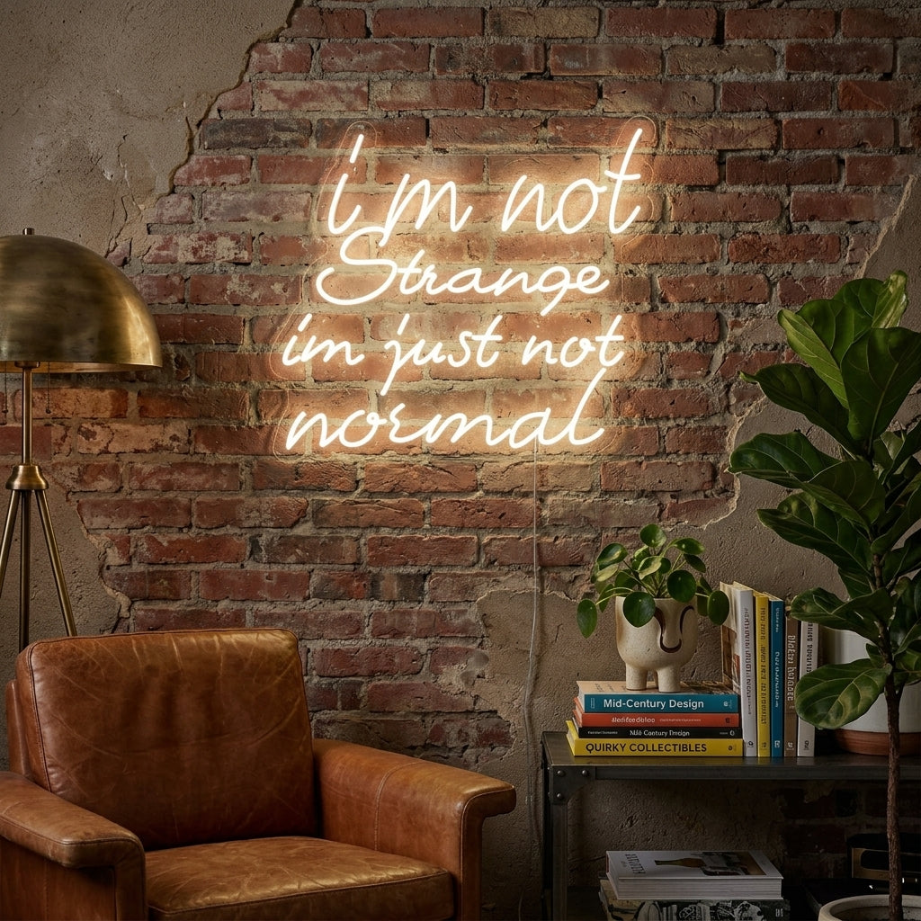 A candid lifestyle photograph shows the white script neon sign quoting 'I Am Not Strange I Am Just Not Normal' glowing brightly on a textured grey living room wall above a modern desk and chair.