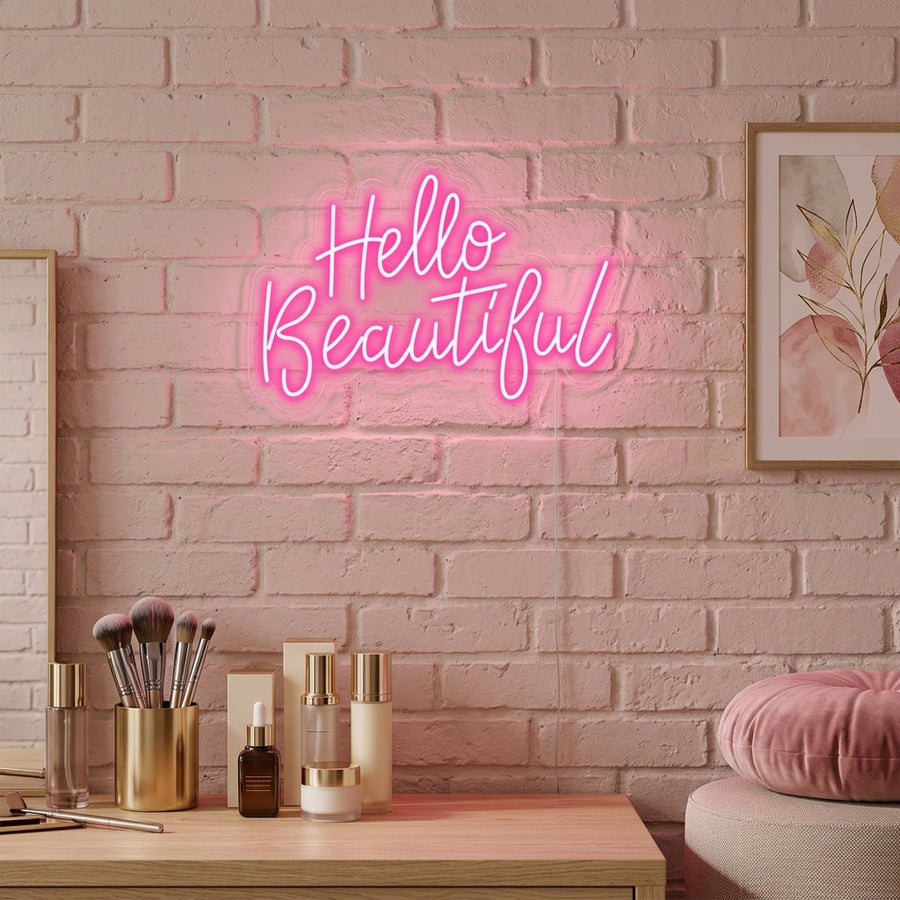 Stylish 'Hello Beautiful' neon sign glowing in a modern bedroom setting