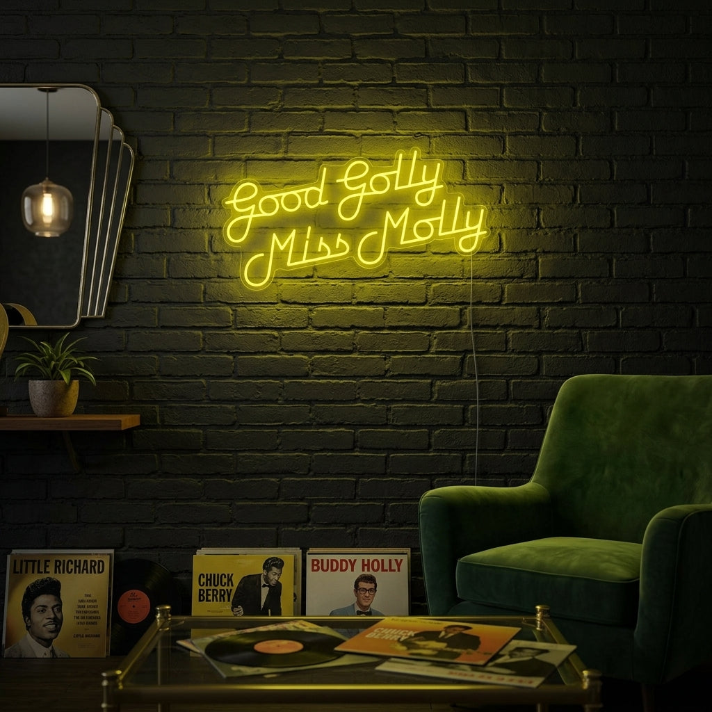 A glowing blue 'Good Golly Miss Molly' neon sign with yellow stars mounted on a brick wall in a cozy living room with a record player.