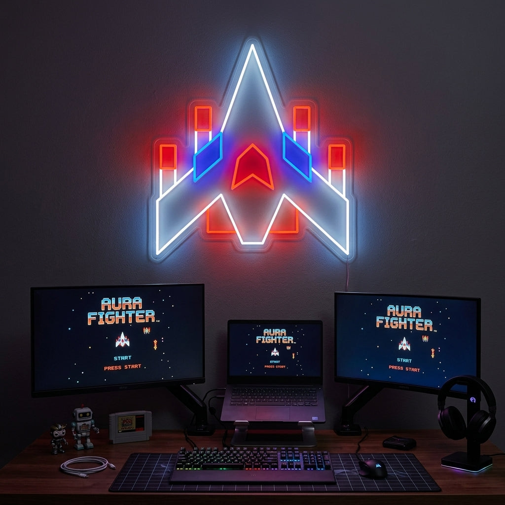 Arcade Space Ship Neon Sign displayed in a stylized game room setting.