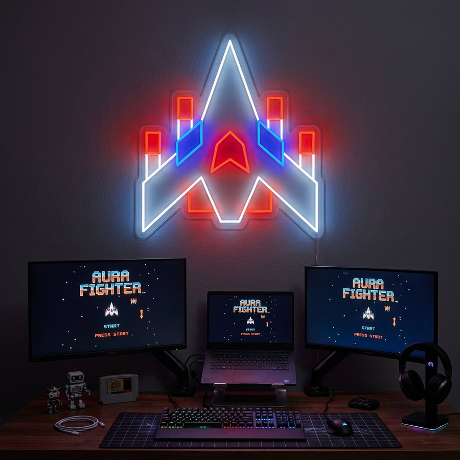 Arcade Space Ship Neon Sign displayed in a stylized game room setting.