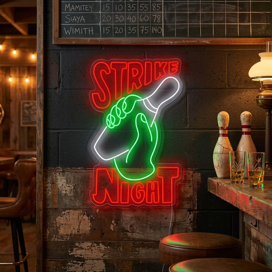 A vibrant 'Strike Night Bowling' neon sign glowing on a textured brick wall above a cozy home entertainment area with retro decor.