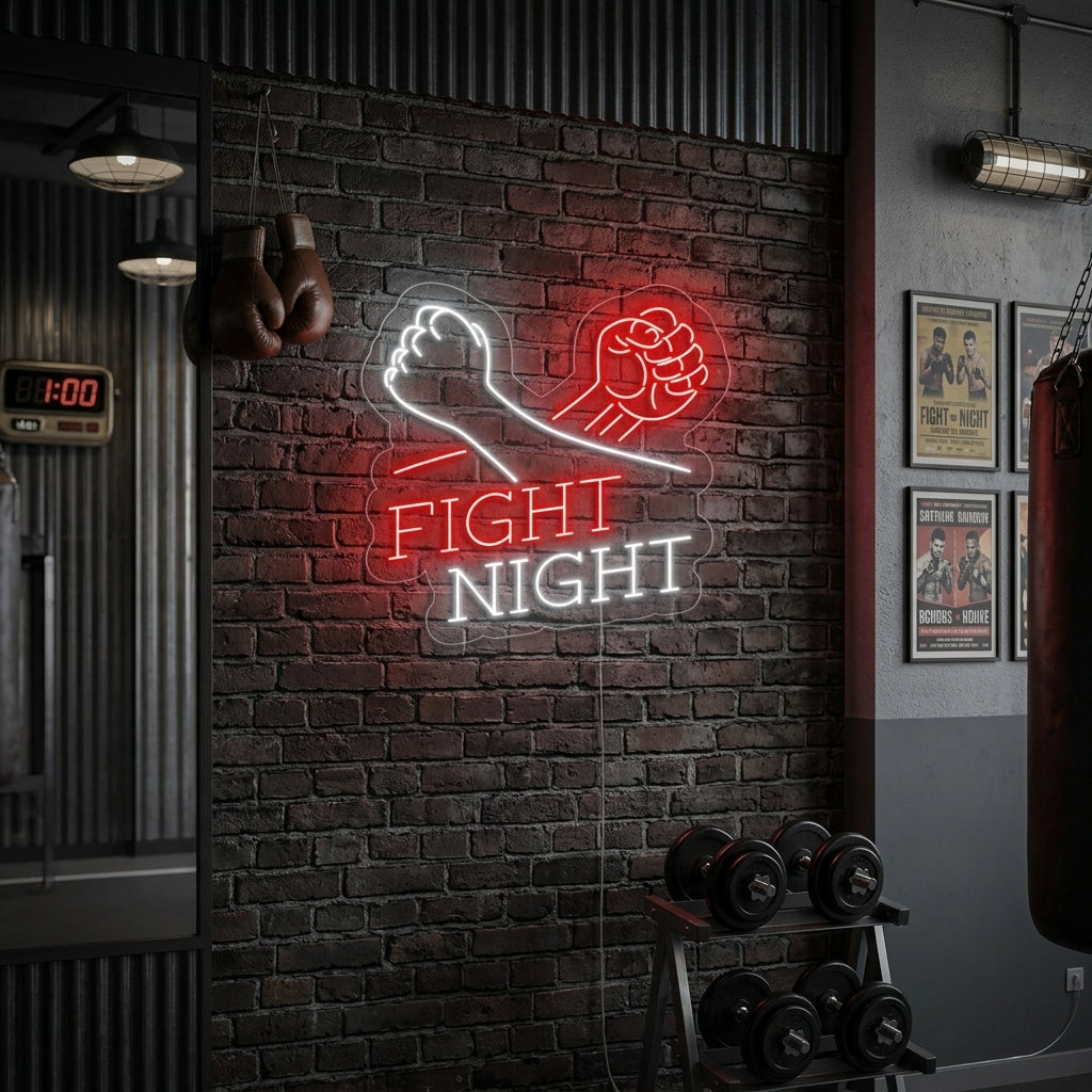 Handcrafted "Fight Night" neon sign glowing in a modern home gym with training equipment and a punching bag in the background.