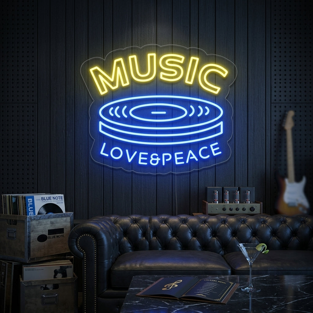 Vibrant MUSIC LOVE PEACE neon sign with heart, headphones, and peace sign, mounted on a living room wall.