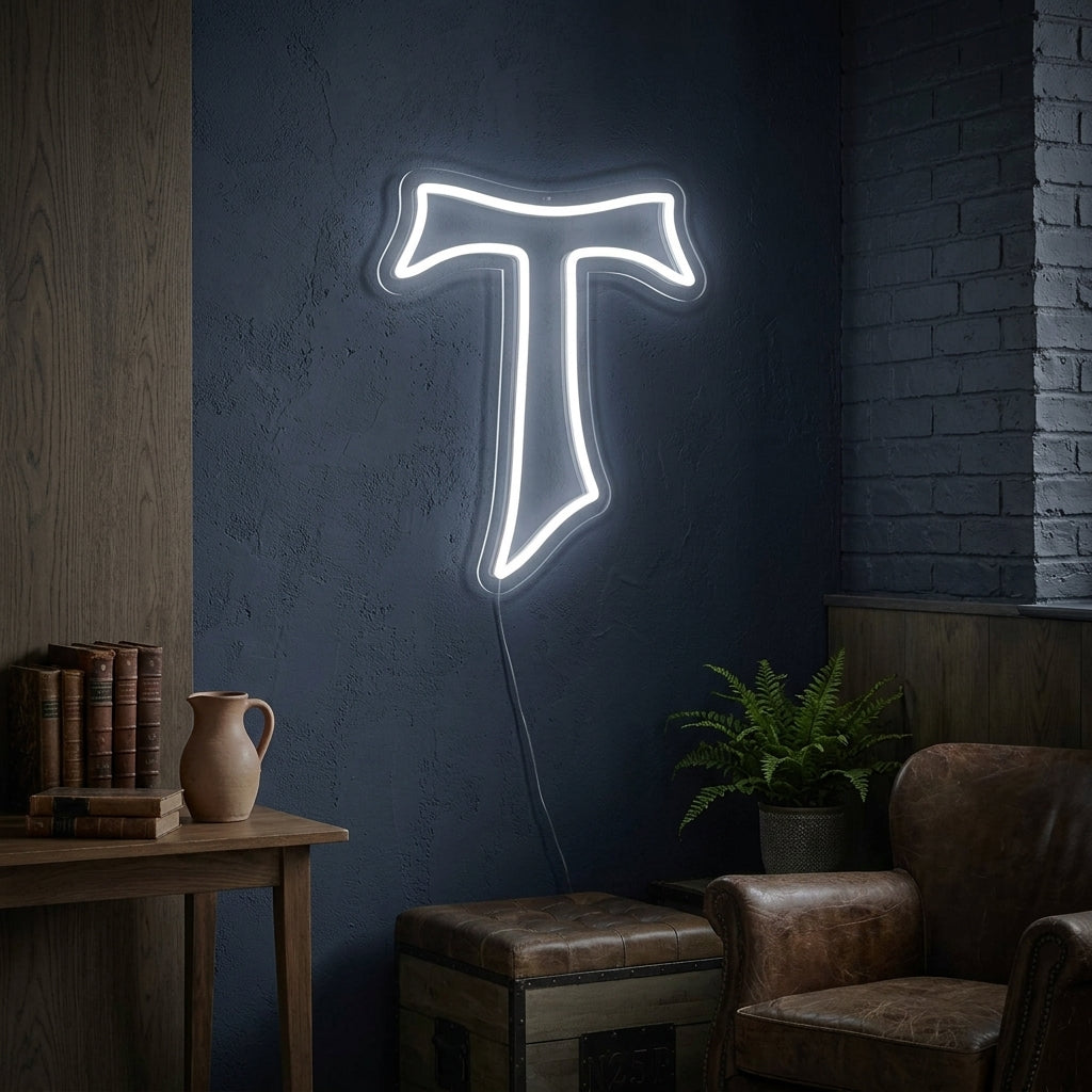 The glowing Tau Cross neon sign displayed on a textured room wall