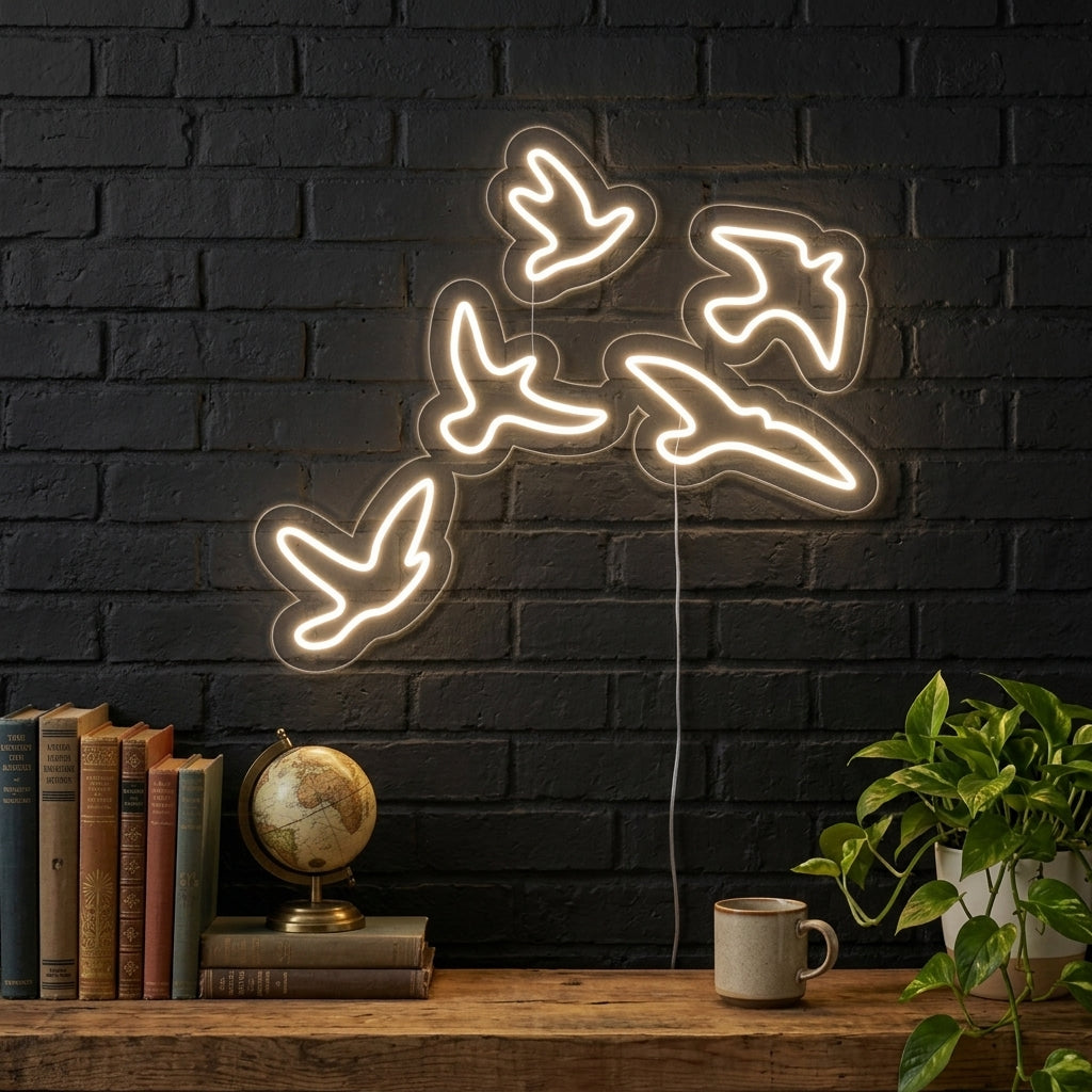 A lifestyle shot of the "Birds" neon sign glowing warmly above a modern sofa, creating a cozy atmosphere.