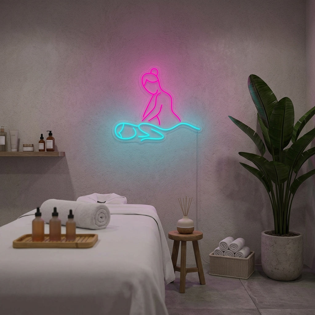 "Massage Skin Care" glowing neon sign in a relaxing, spa-like treatment room above a massage bed.