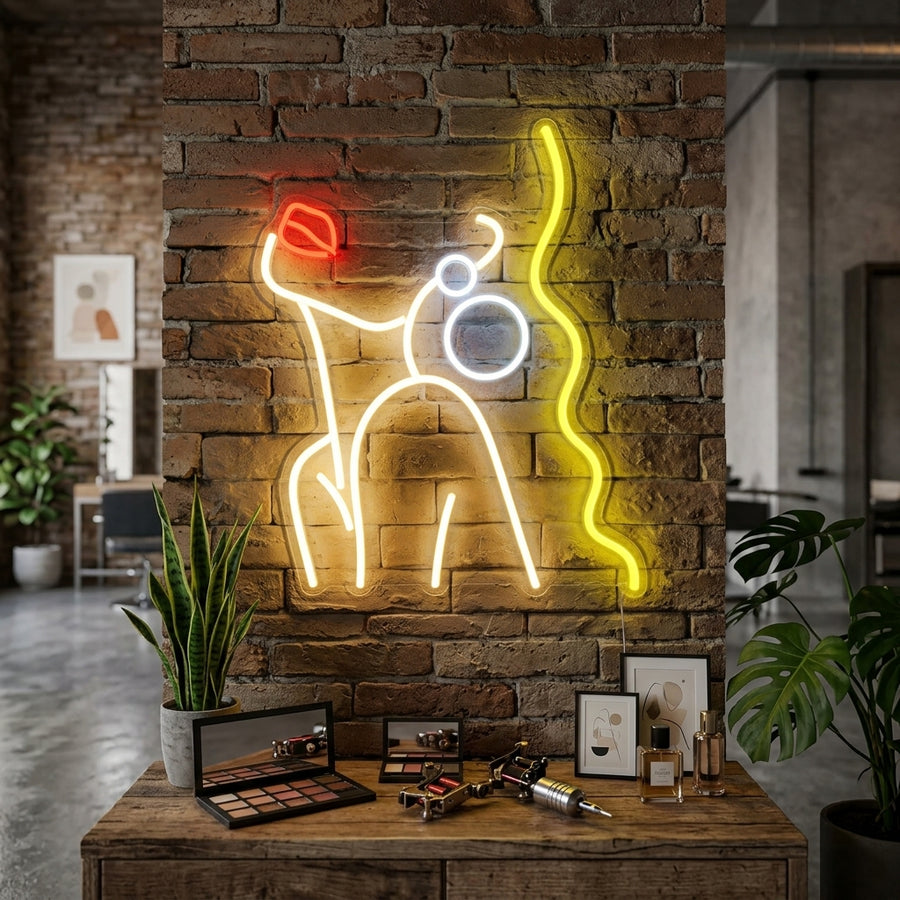 A stylish Graceful Lady neon sign glowing brightly on a contemporary living room wall, creating an inviting and aesthetic atmosphere.