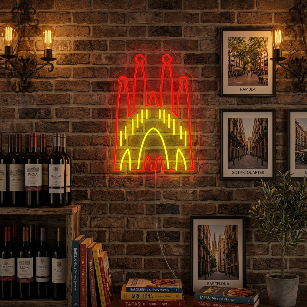 A vibrant neon sign depicting the architectural spires of the Sagrada Família, glowing brightly on an industrial brick wall above a styled desk area.