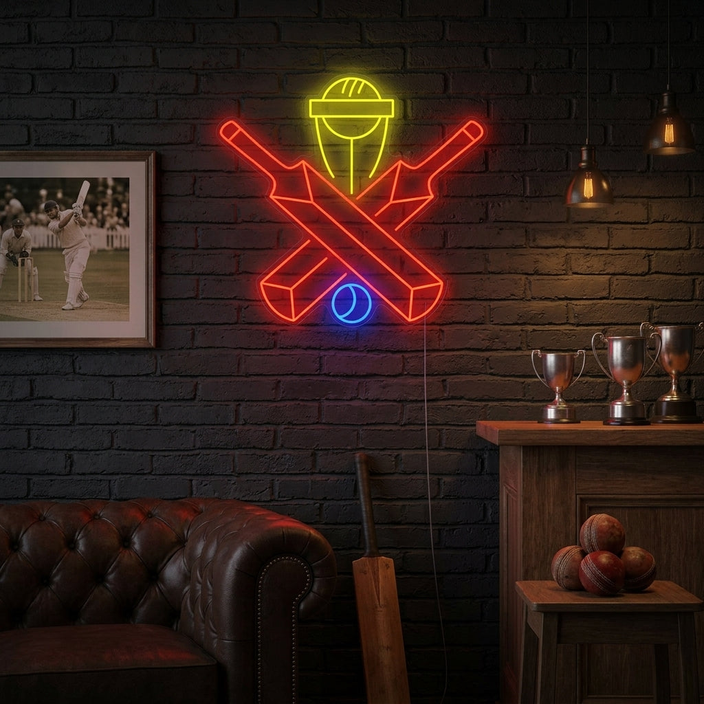 Cricket bat and ball icon neon sign with 'Winning' text illuminating a bedroom wall, sports-themed decor idea.