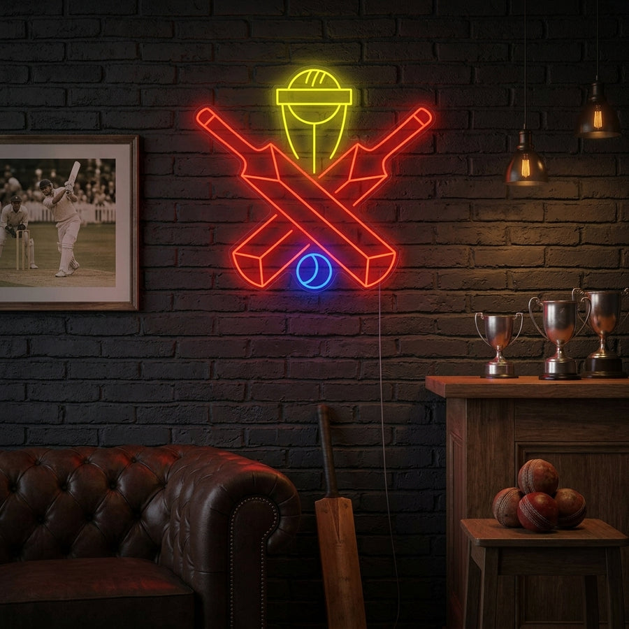 Cricket bat and ball icon neon sign with 'Winning' text illuminating a bedroom wall, sports-themed decor idea.