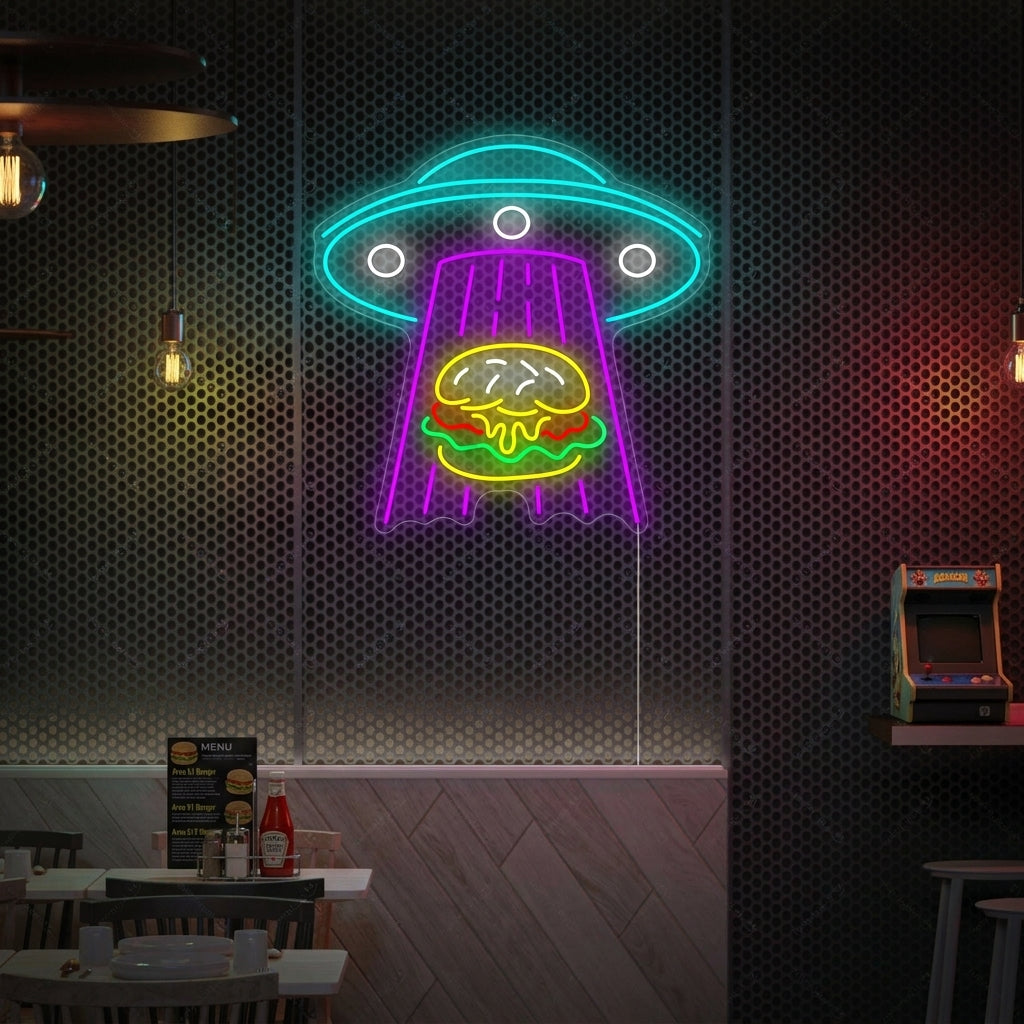 A lifestyle photo showing the 'UFO Kidnapping Burger' neon sign glowing brightly on a brick wall above a sofa.