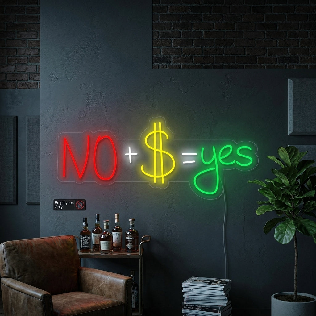 A lifestyle photo showing a brightly lit 'No Plus Money Equals Yes' neon sign mounted on a textured brick wall in a cozy living room, next to a comfy armchair and houseplants.