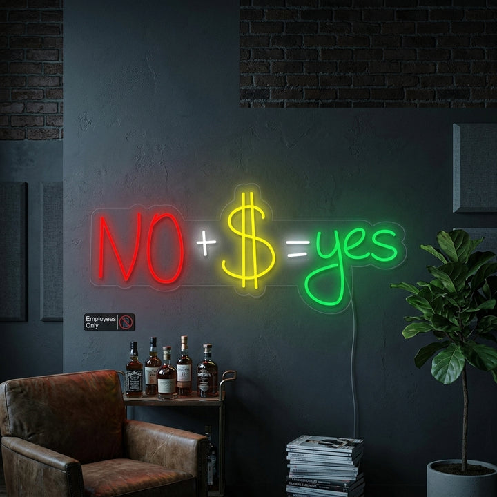 A lifestyle photo showing a brightly lit 'No Plus Money Equals Yes' neon sign mounted on a textured brick wall in a cozy living room, next to a comfy armchair and houseplants.