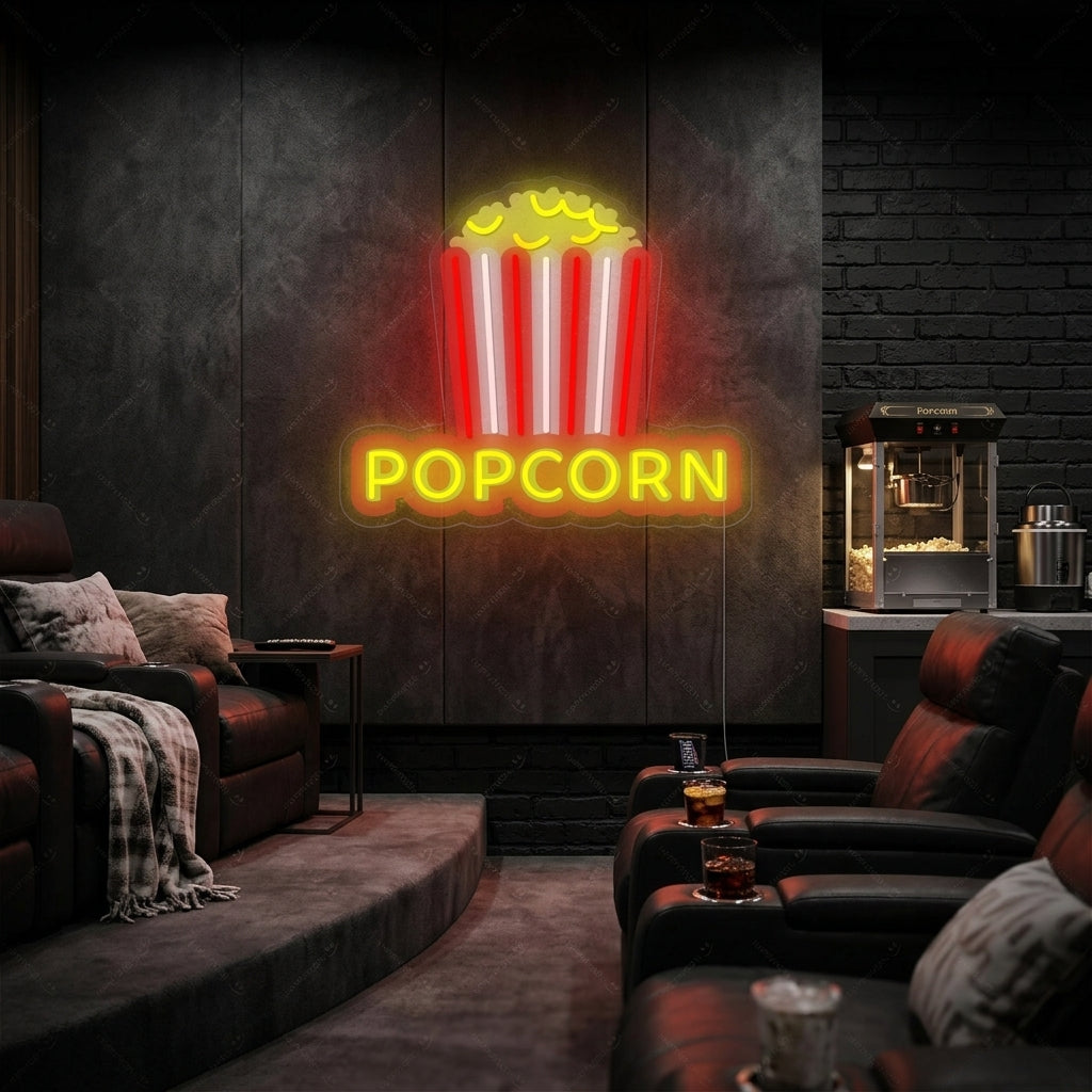A vibrant glowing neon sign shaped like a red and white striped bucket filled with golden popcorn, casting a warm yellow light.