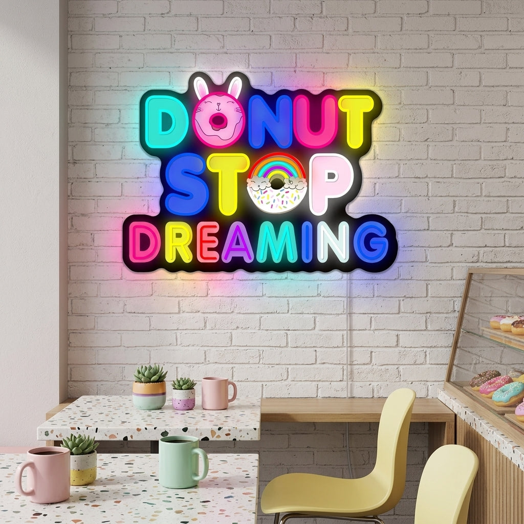 A vibrant 'Donut Do Not Stop Dreaming' neon sign glowing brightly on a decorated wall in a cozy room setting.